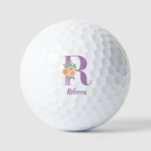 R Monogram Purple Floral Watercolor Personalized Golf Balls