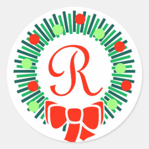 R Monogram (Retro Christmas Wreath) Classic Round Sticker