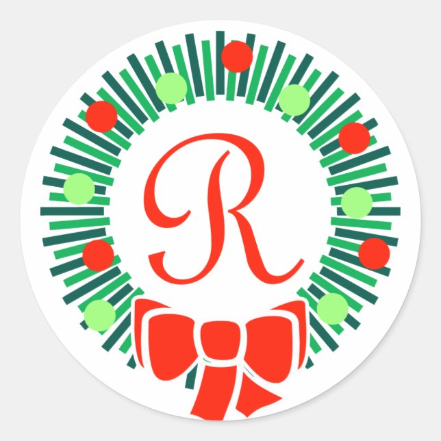 R Monogram (Retro Christmas Wreath) Classic Round Sticker (Front)