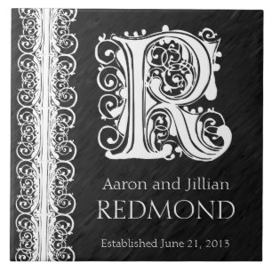 R Monogram "White Lace on Black" Wedding  Tile