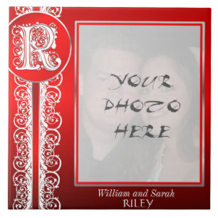 R Monogram "White Lace on Red" with Photo - Tile