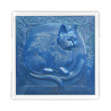 R Navy Blue faux relief Art Nouveau Cat
