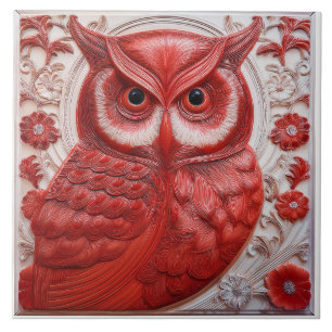 R red faux relief Art Nouveau Owl Tile