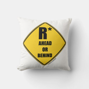 R-Star Ahead Or Behind Yellow Diamond Warning Sign Throw Pillow