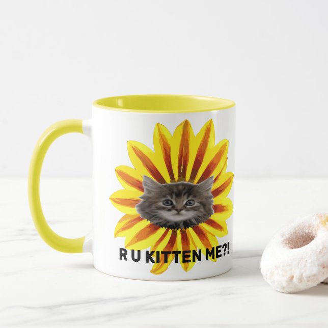 R U KITTEN ME?! Sunflower Kitten Face Humourous Mug (With Donut)