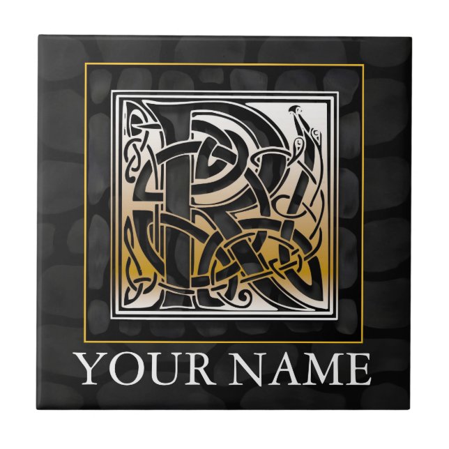 R "Your Name" Celtic Black Stone Monogram Tile (Front)