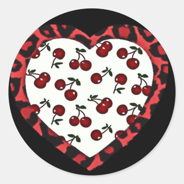 RAB cherries Leopard Print Heart Rockabilly Classic Round Sticker (Front)