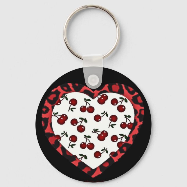 RAB cherries Leopard Print Heart Rockabilly Keychain (Front)