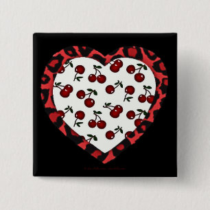 RAB Rockabilly Cherries Leopard Print Heart 2 Inch Square Button