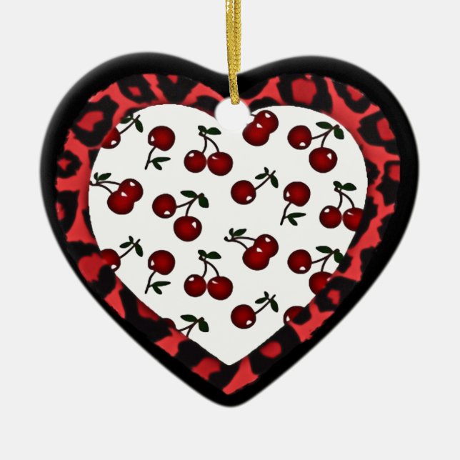 RAB Rockabilly Cherries Leopard Print Heart Ceramic Ornament (Front)