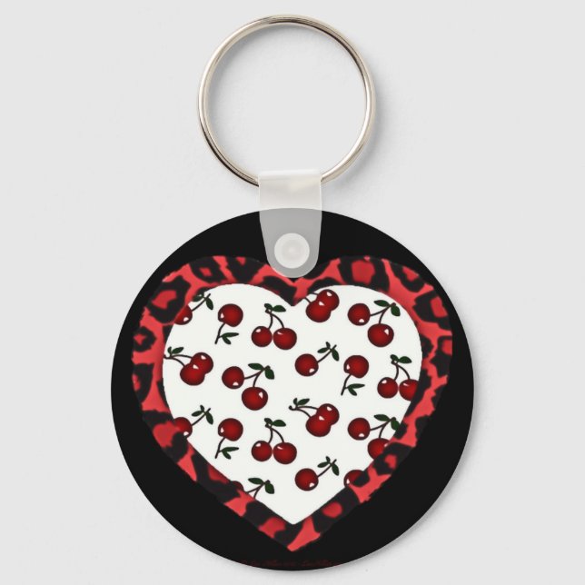 RAB Rockabilly Cherries Leopard Print Heart Keychain (Front)