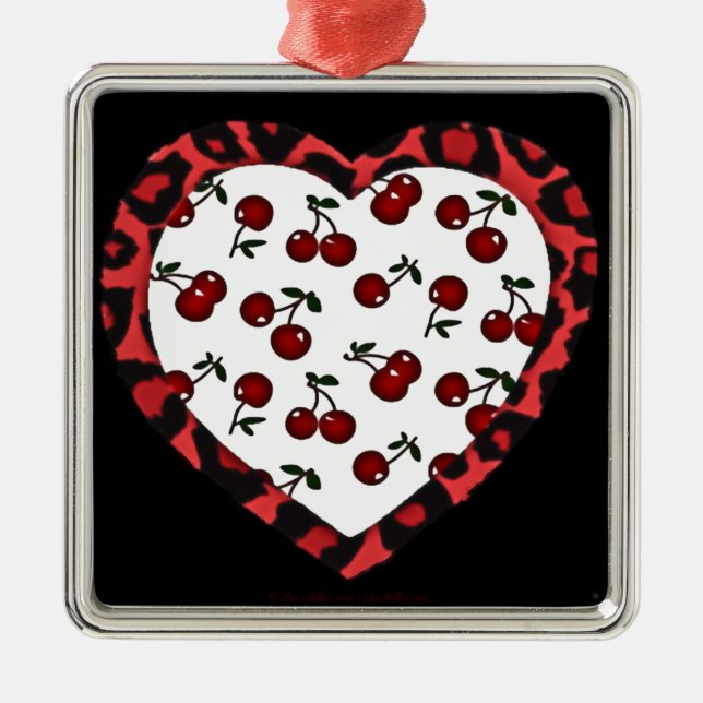 RAB Rockabilly Cherries Leopard Print Heart Metal Ornament (Front)
