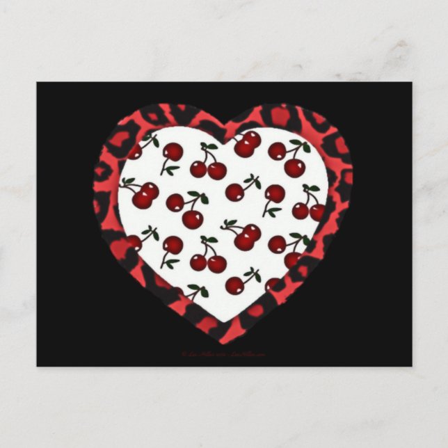 RAB Rockabilly Cherries Leopard Print Heart Postcard (Front)
