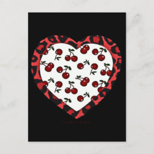 RAB Rockabilly Cherries Leopard Print Heart Postcard