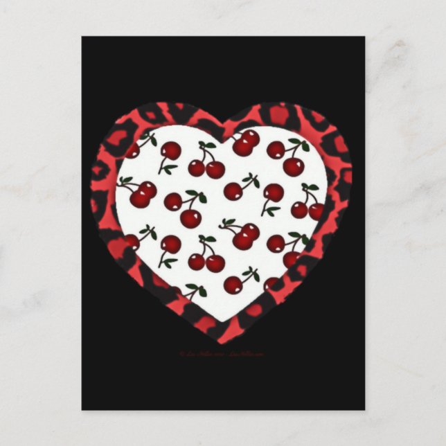 RAB Rockabilly Cherries Leopard Print Heart Postcard (Front)