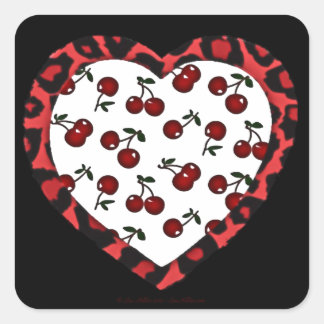 RAB Rockabilly Cherries Leopard Print Heart Square Sticker