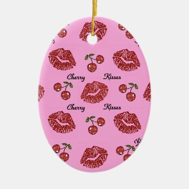 RAB Rockabilly Cherry Kisses on Pink Ceramic Ornament (Front)