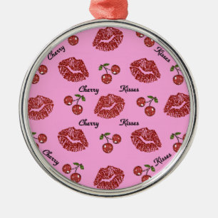 RAB Rockabilly Cherry Kisses on Pink Metal Ornament