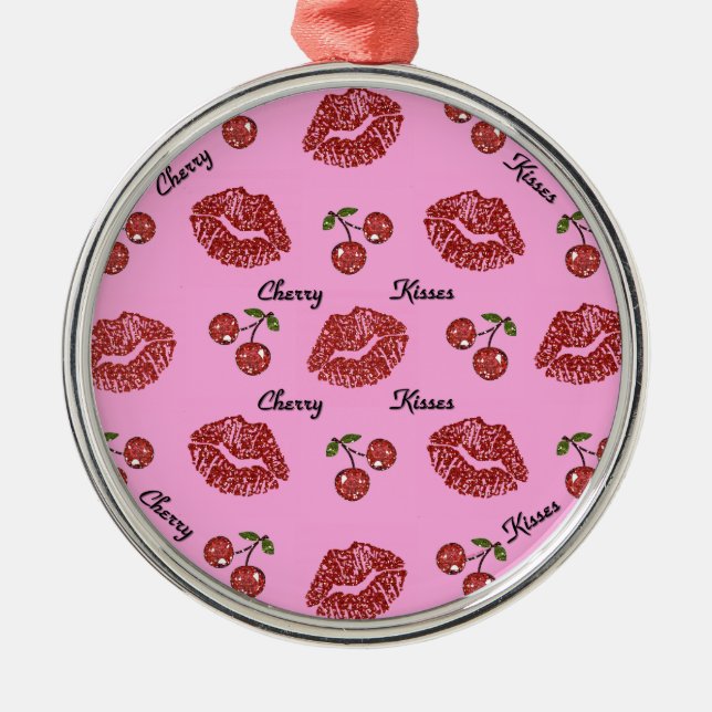 RAB Rockabilly Cherry Kisses on Pink Metal Ornament (Front)