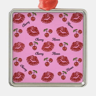 RAB Rockabilly Cherry Kisses on Pink Metal Ornament