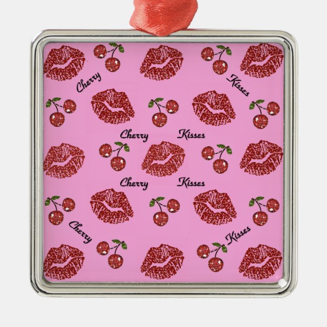 RAB Rockabilly Cherry Kisses on Pink Metal Ornament (Front)
