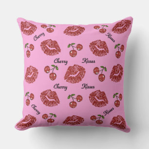 RAB Rockabilly Cherry Kisses on Pink Throw Pillow