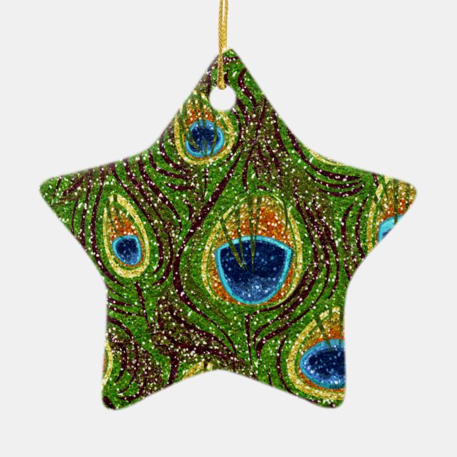 RAB Rockabilly Colourful Peacock Feathers Print Ceramic Ornament (Front)