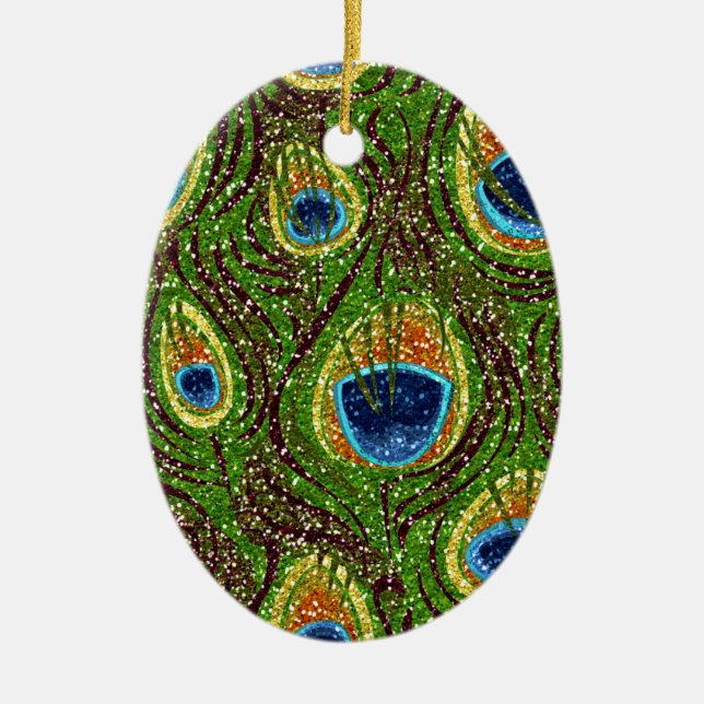 RAB Rockabilly Colourful Peacock Feathers Print Ceramic Ornament (Front)