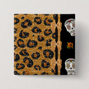 RAB Rockabilly Gold Leopard Print Sugar Skulls 2 Inch Square Button