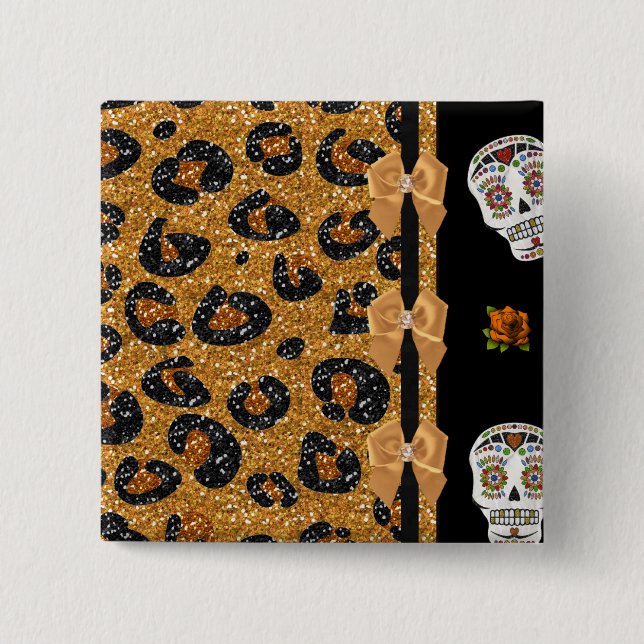 RAB Rockabilly Gold Leopard Print Sugar Skulls 2 Inch Square Button (Front)