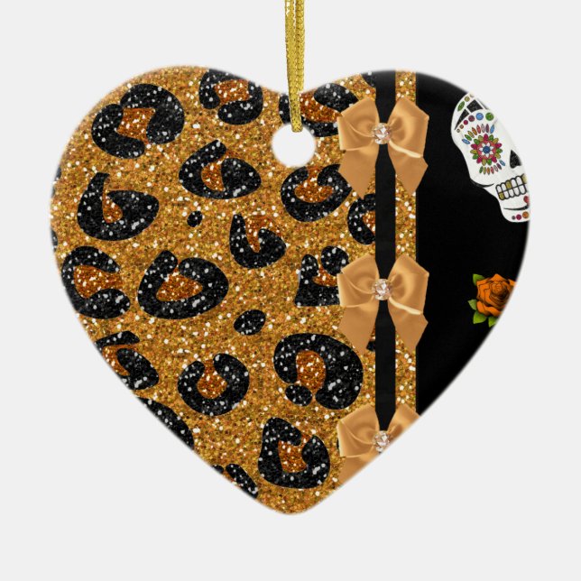 RAB Rockabilly Gold Leopard Print Sugar Skulls Ceramic Ornament (Front)