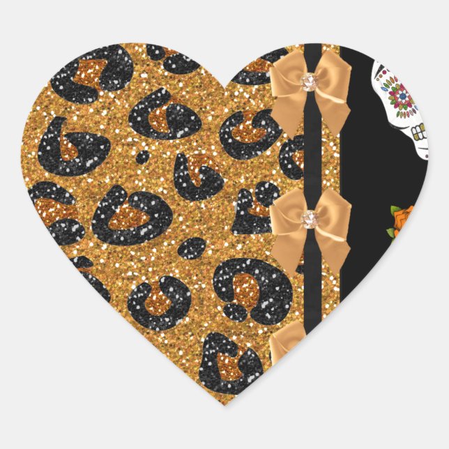 RAB Rockabilly Gold Leopard Print Sugar Skulls Heart Sticker (Front)