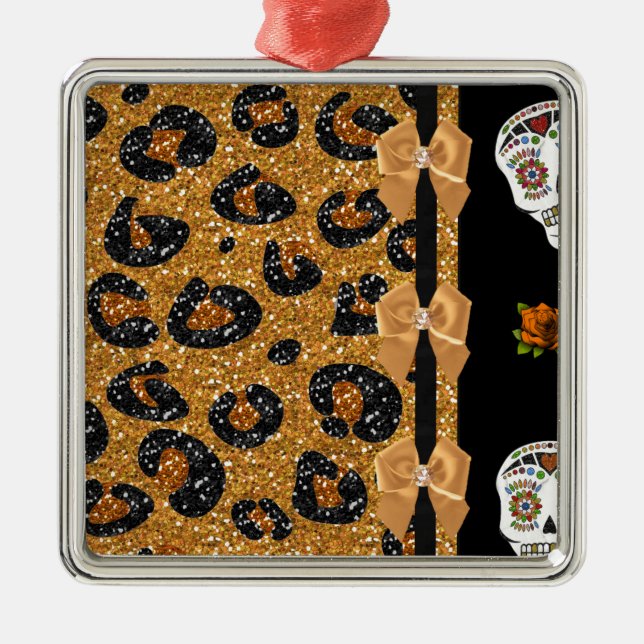 RAB Rockabilly Gold Leopard Print Sugar Skulls Metal Ornament (Front)