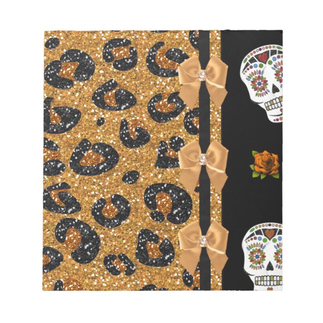 RAB Rockabilly Gold Leopard Print Sugar Skulls Notepad (Front)