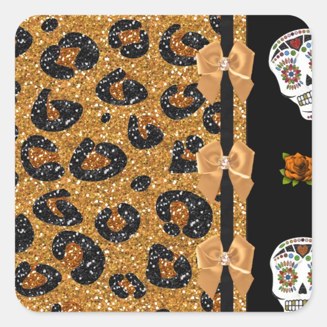 RAB Rockabilly Gold Leopard Print Sugar Skulls Square Sticker (Front)