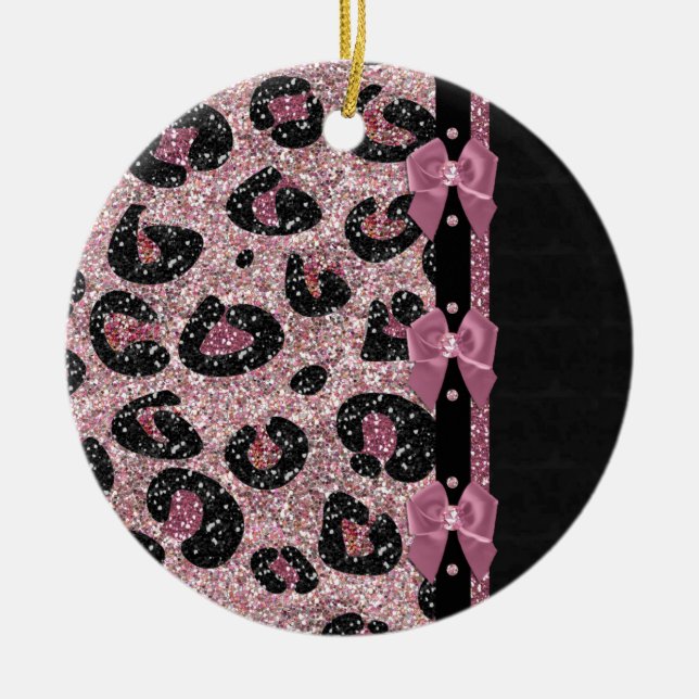 RAB Rockabilly Pink Leopard Print Ribbon Bows Ceramic Ornament (Front)