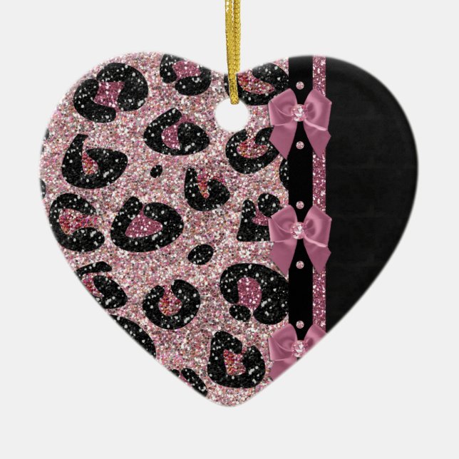 RAB Rockabilly Pink Leopard Print Ribbon Bows Ceramic Ornament (Front)