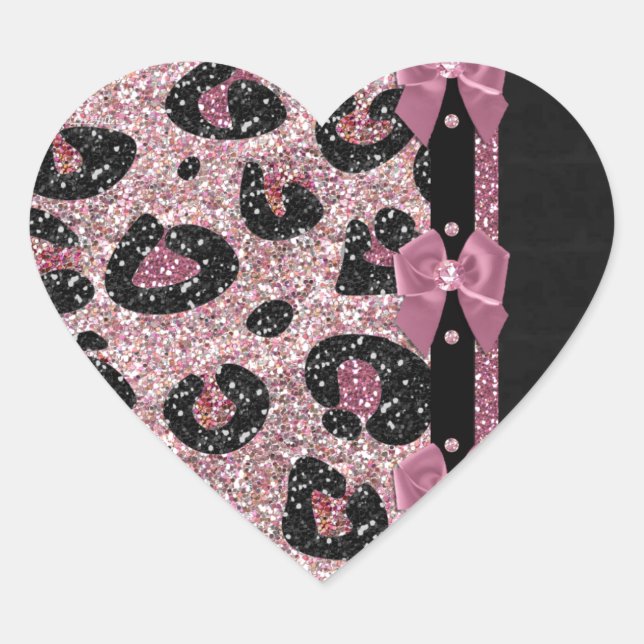 RAB Rockabilly Pink Leopard Print Ribbon Bows Heart Sticker (Front)