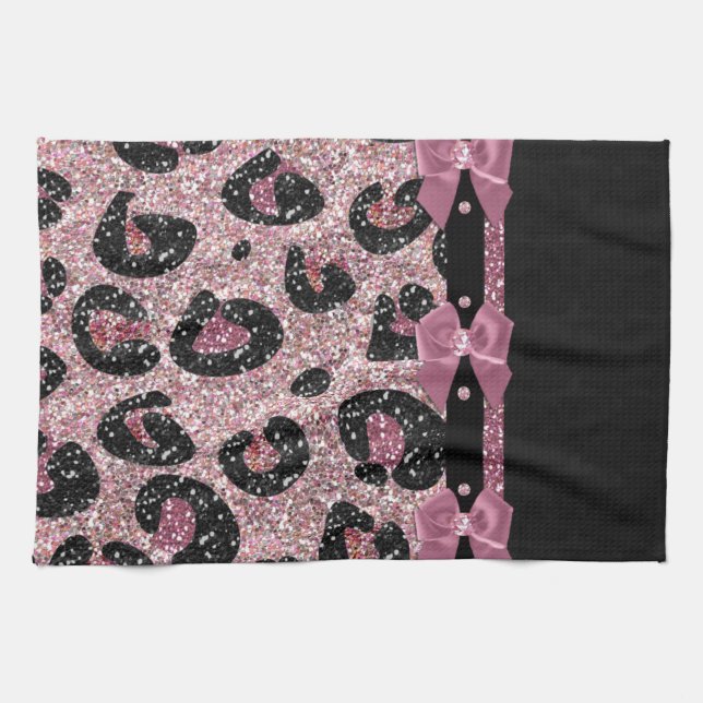 RAB Rockabilly Pink Leopard Print Ribbon Bows Kitchen Towel (Horizontal)