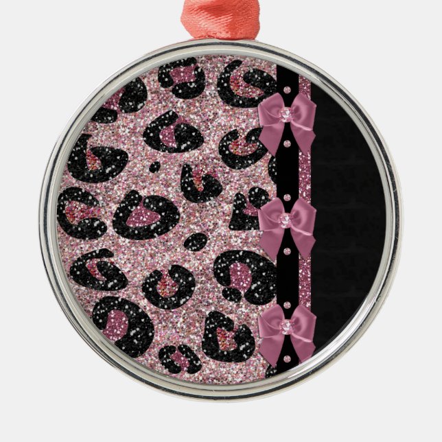 RAB Rockabilly Pink Leopard Print Ribbon Bows Metal Ornament (Front)