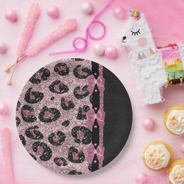 RAB Rockabilly Pink Leopard Print Ribbon Bows Paper Plate (Party)