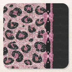 RAB Rockabilly Pink Leopard Print Ribbon Bows Square Paper Coaster