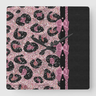 RAB Rockabilly Pink Leopard Print Ribbon Bows Square Wall Clock