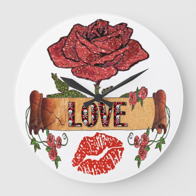 RAB Rockabilly Roses, Love & Lipstick Large Clock (Front)