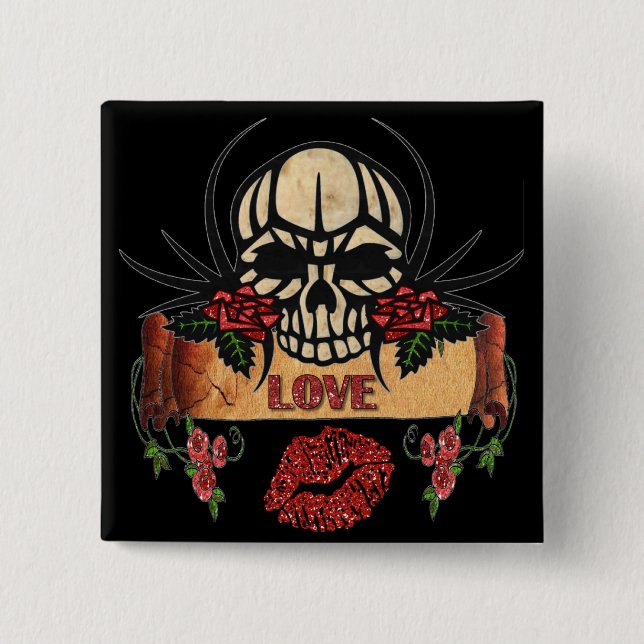 RAB Rockabilly Skull Roses Love Lipstick 2 Inch Square Button (Front)