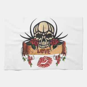 RAB Rockabilly Skull Roses Love Lipstick Kitchen Towel