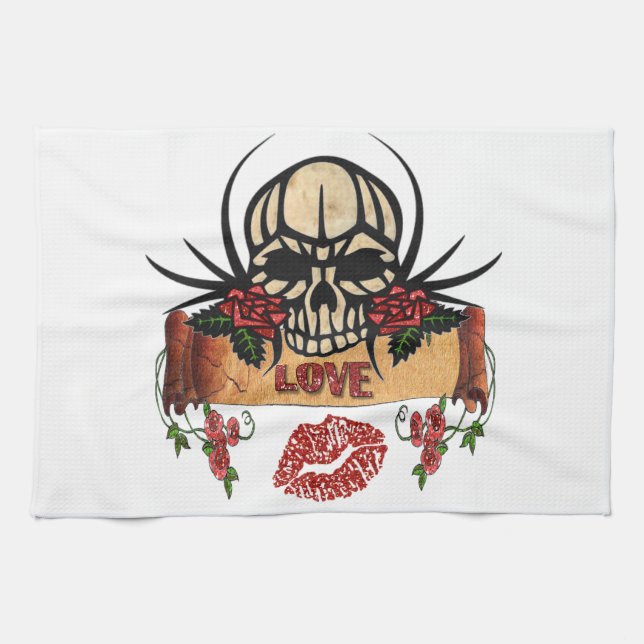 RAB Rockabilly Skull Roses Love Lipstick Kitchen Towel (Horizontal)