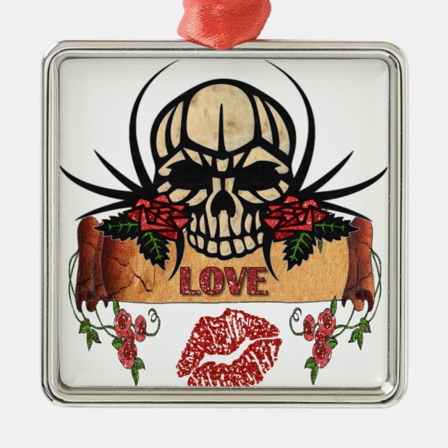 RAB Rockabilly Skull Roses Love Lipstick Metal Ornament (Front)