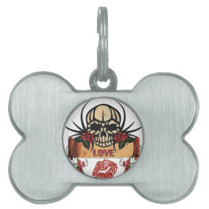 RAB Rockabilly Skull Roses Love Lipstick Pet ID Tag