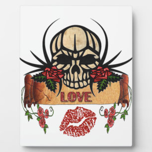 RAB Rockabilly Skull Roses Love Lipstick Plaque